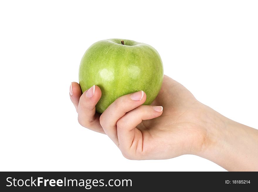 Green apple on hand isolated on white background