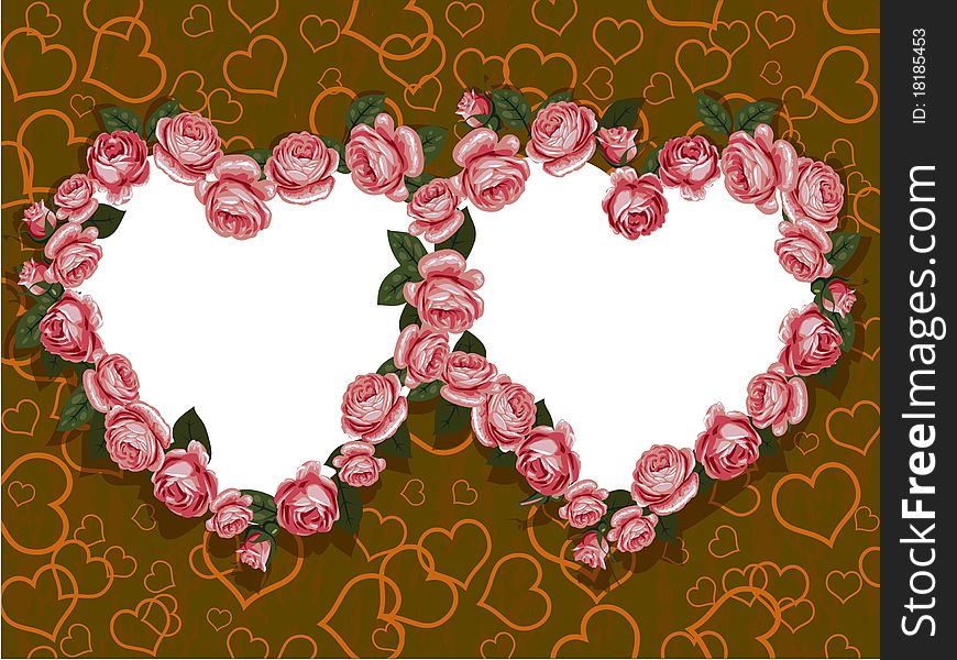 Rose flowers two hearts frame pattern. Rose flowers two hearts frame pattern