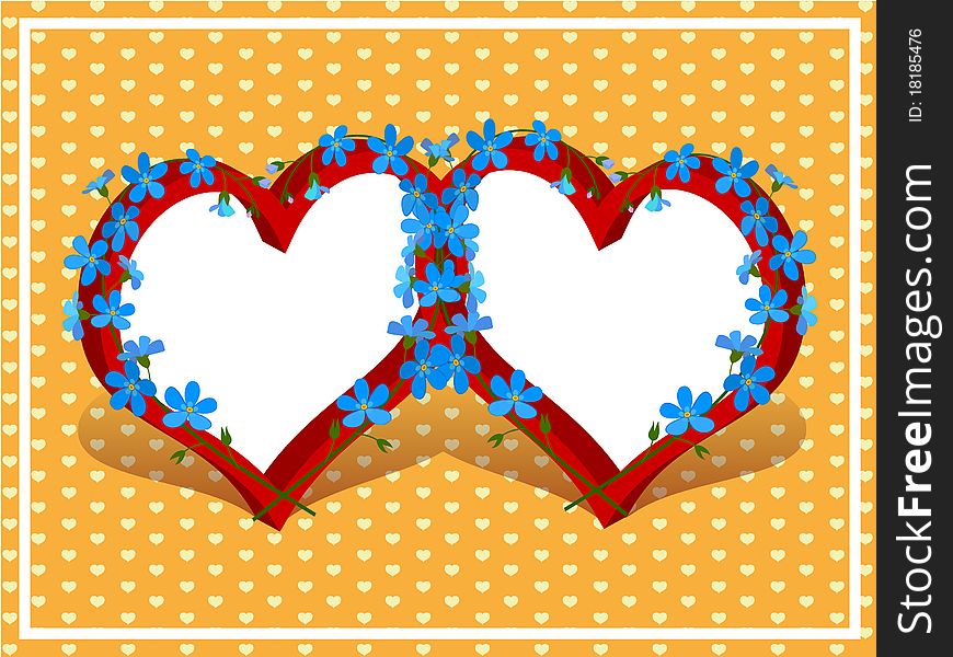 Two hearts frame with forget me not flowers pattern