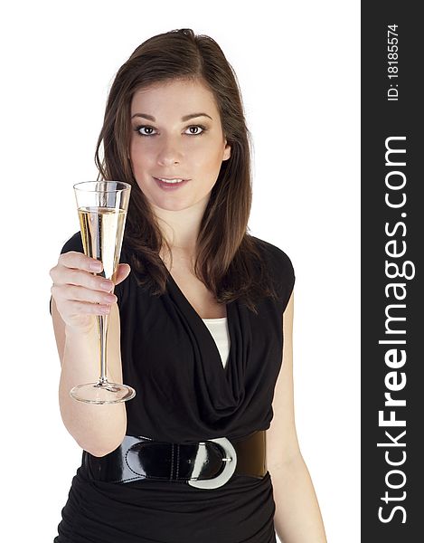 Beautiful girl with glass of champagne isolated on white