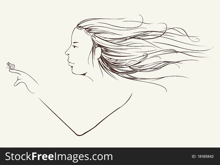 Young girl with long hair carrying butterfly on her finger, vector. Young girl with long hair carrying butterfly on her finger, vector