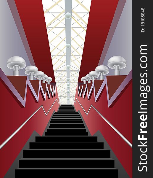 Red interior corridor with black stairs and lamps, vector. Red interior corridor with black stairs and lamps, vector