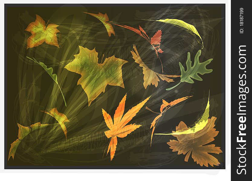 Pleasant abstract background drawing on autumn subjects, leaves flying from a flaw.