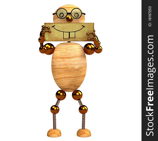 3d wood man smile holding blank board