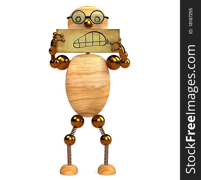 3d wood man angry holding blank board