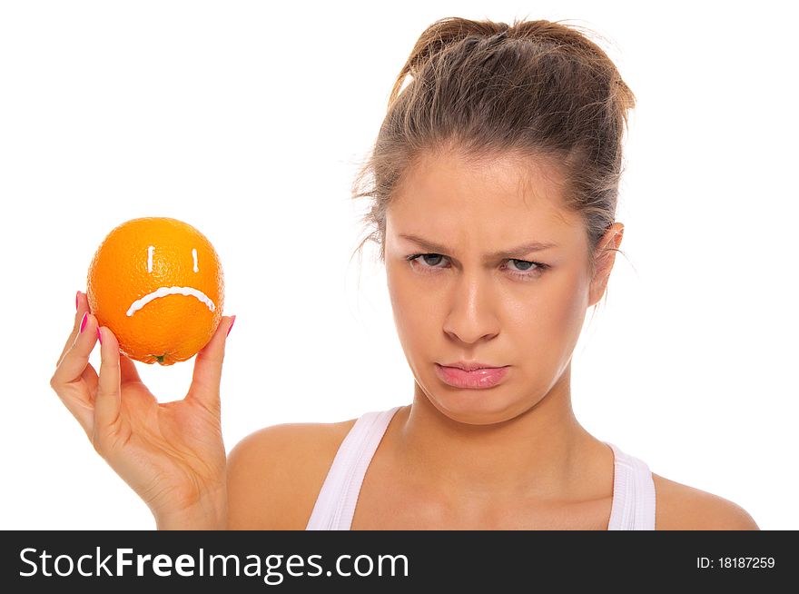 Offended woman with dissatisfied orange isolated in white