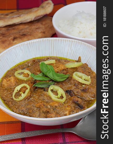 Chicken and sweet potato curry with rice and naan