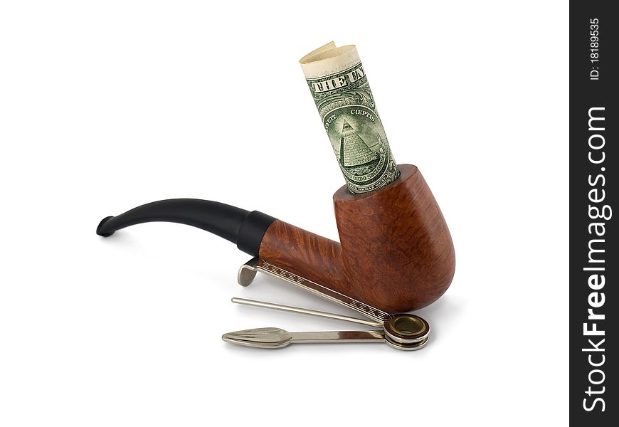 Tobacco-pipe with dollar bill and accessory isolated on white background