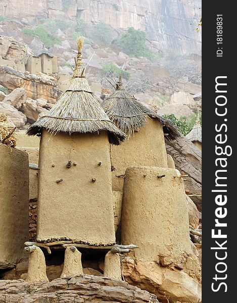 Close up of Dogon granaries at the base of the Bandiagara escarpment in Mali. Close up of Dogon granaries at the base of the Bandiagara escarpment in Mali