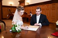Happy Bride And Groom On Solemn Registration Stock Images