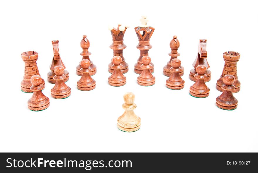 Alone against everyone, chess pawl against opposite army on white background