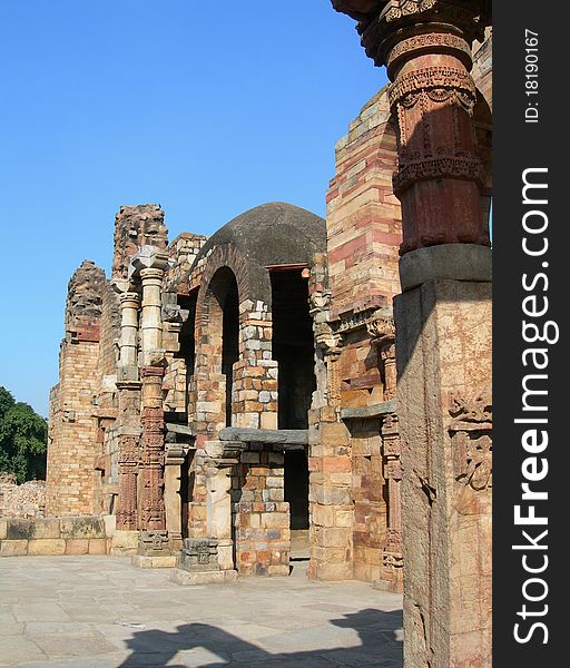 Qutub Minar monument site details of masonry and carvings in brick. Qutub Minar monument site details of masonry and carvings in brick