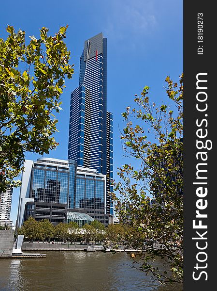 Modern office building and pedestrian forecourt overlooking Melbourne's Yarra River. Modern office building and pedestrian forecourt overlooking Melbourne's Yarra River.