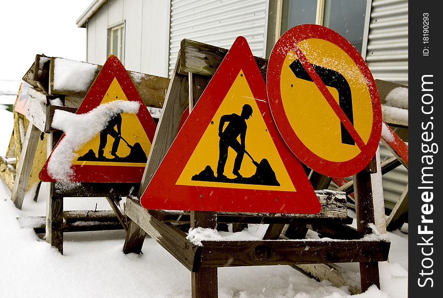 Construction - road sign in snow. Construction - road sign in snow