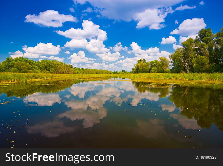 Natural reflections on a lake and beautiful clouds