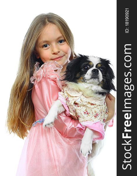 Little Girl And Her Dog. Isolated On White Background. Little Girl And Her Dog. Isolated On White Background
