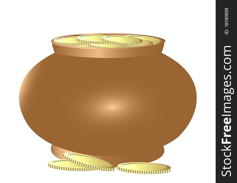 Copper pot filled with gold coins. A composition on a white background. Copper pot filled with gold coins. A composition on a white background.
