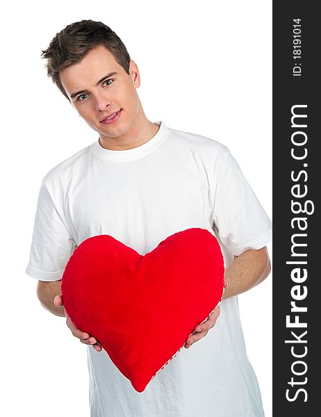 Cute young men with a red hearts over white