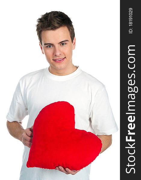 Cute young men with a red hearts over white