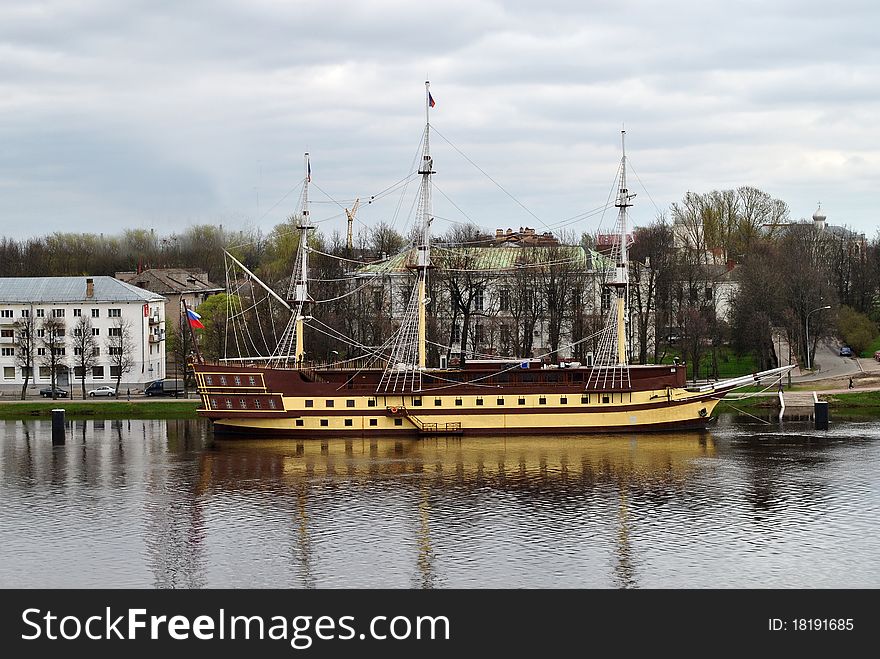 Views of the River Volkhov and the ship at the pier Novgorod Russia.