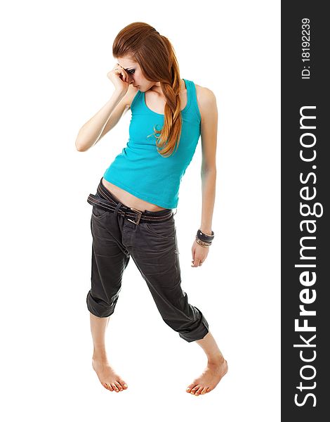 Girl in a dark makeup in blue T-shirt on white background