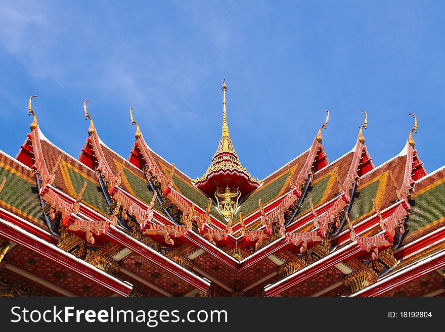 Roof of temple with blue sky. Roof of temple with blue sky