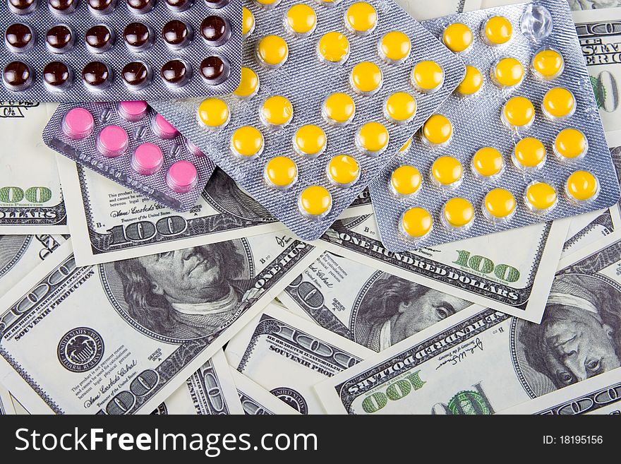 Money and pills, abstract business medical background