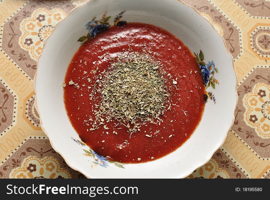 Tomato sauce with spices prepared for the pizza. Tomato sauce with spices prepared for the pizza