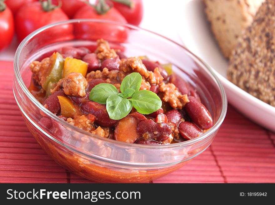 Fresh chili con carne in a bowl