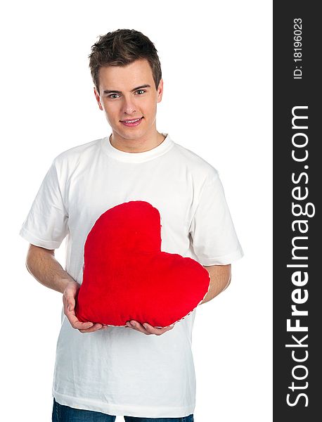 Cute young men with a red hearts over white