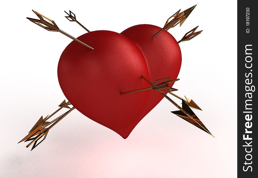 Red heart with multiple gold arrows on white background №2. Red heart with multiple gold arrows on white background №2