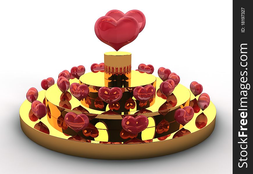 Cake in the form of gold layers, and hearts made of red glass on a white background №1. Cake in the form of gold layers, and hearts made of red glass on a white background №1