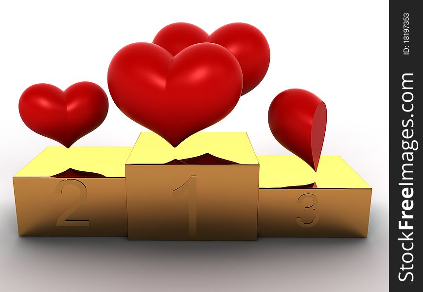 Golden Pedestal of the three boxes and red hearts on white background â„–1. Golden Pedestal of the three boxes and red hearts on white background â„–1