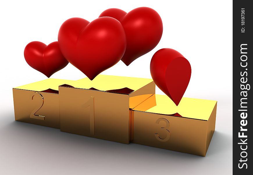 Golden Pedestal of the three boxes and red hearts on white background №2. Golden Pedestal of the three boxes and red hearts on white background №2