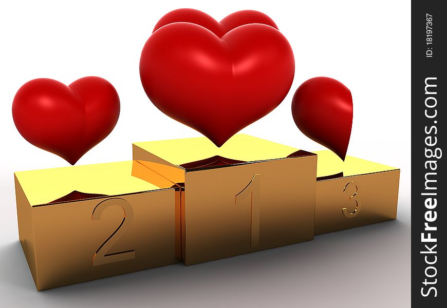 Golden Pedestal of the three boxes and red hearts on white background â„–3. Golden Pedestal of the three boxes and red hearts on white background â„–3