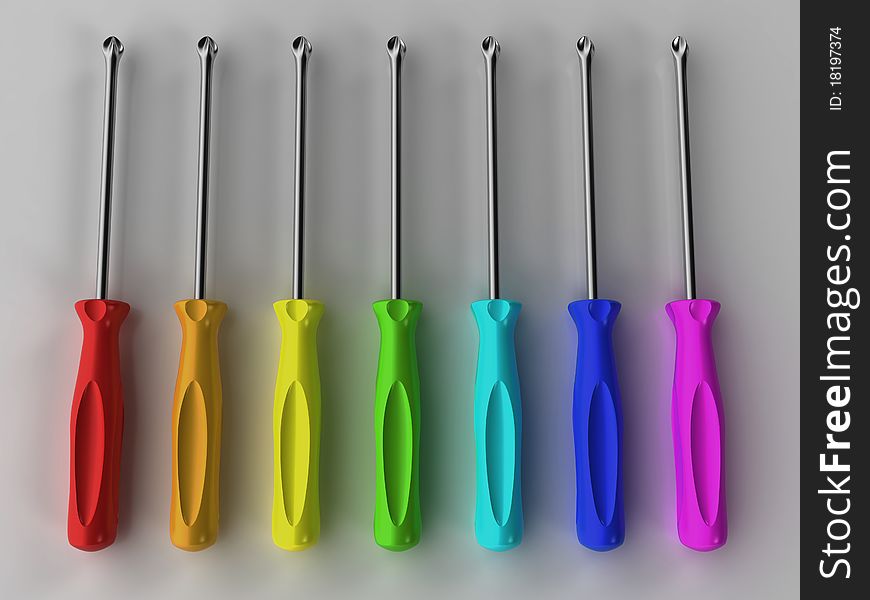 Seven drivers with colored handles and steel stings on the matte surface â„–1. Seven drivers with colored handles and steel stings on the matte surface â„–1