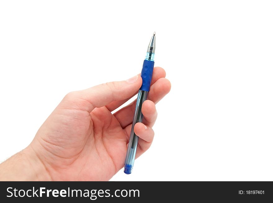 Hand holds a blue pen on a white background