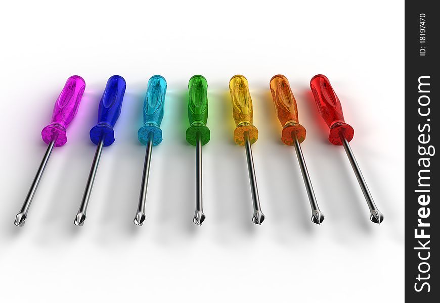 Seven screwdrivers with handles of colorful translucent plastic with a white background â„–3. Seven screwdrivers with handles of colorful translucent plastic with a white background â„–3