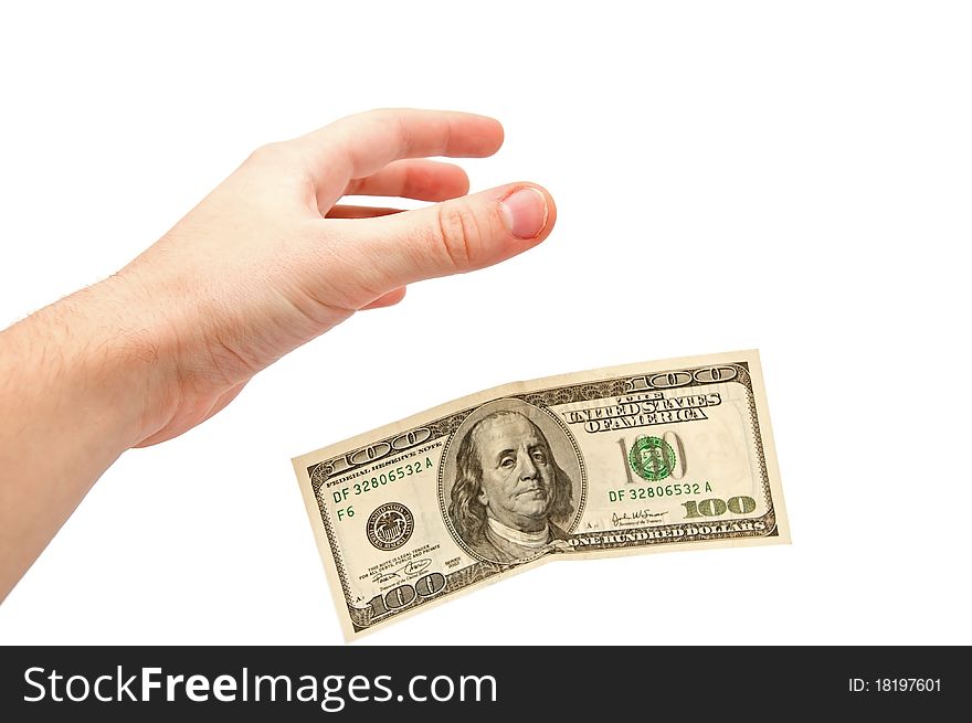 Hand catches 100 dollars on a white background