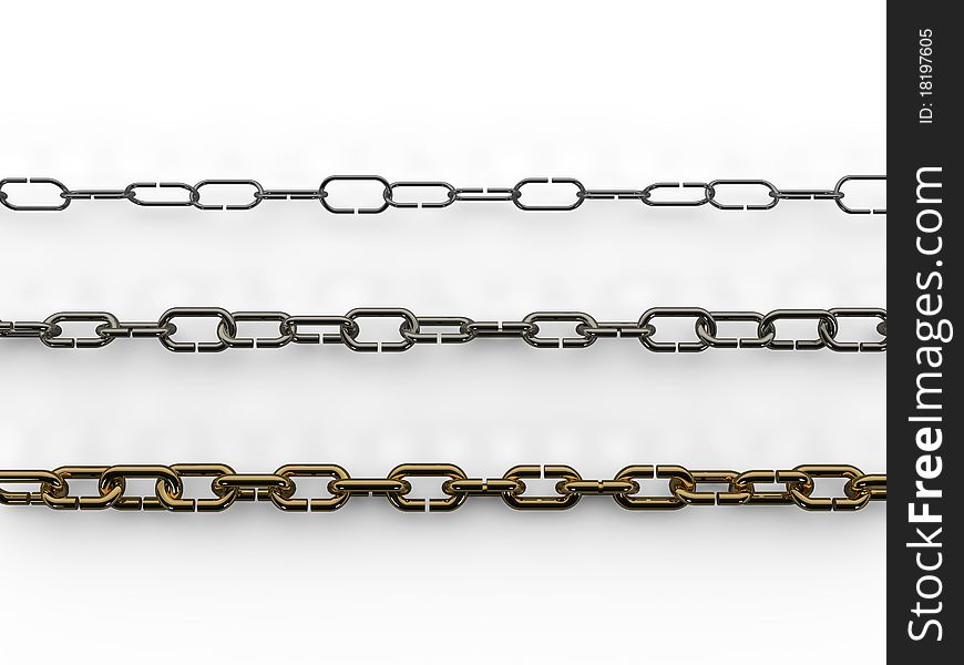 Three different chains of silver, platinum and gold with different diameters link on a white background