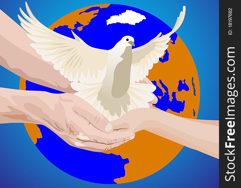 On the background of the Earth hand man and a woman holding a white dove. On the background of the Earth hand man and a woman holding a white dove