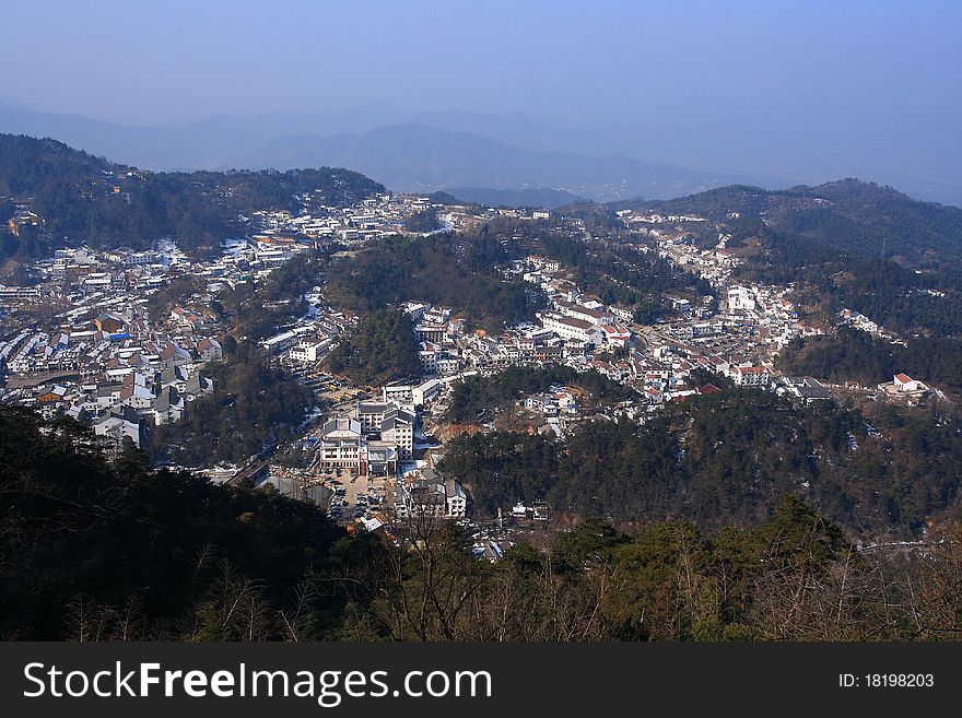 A bird's eye view of Jiuhua Moutain( where an ancient korean prince died, and became Ksitgarbha(dizang) Bodhisattva) City. A bird's eye view of Jiuhua Moutain( where an ancient korean prince died, and became Ksitgarbha(dizang) Bodhisattva) City