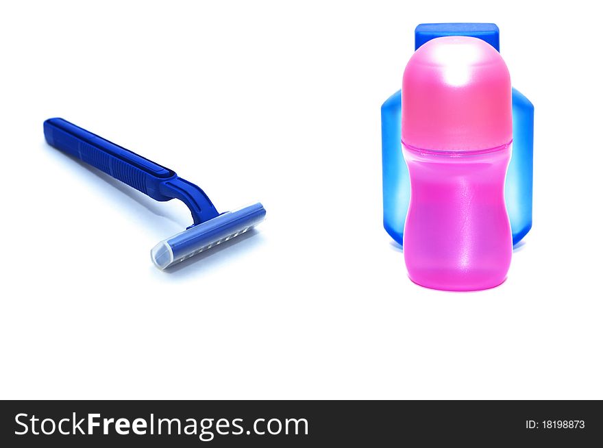 Photo of the razor and lotions on white background