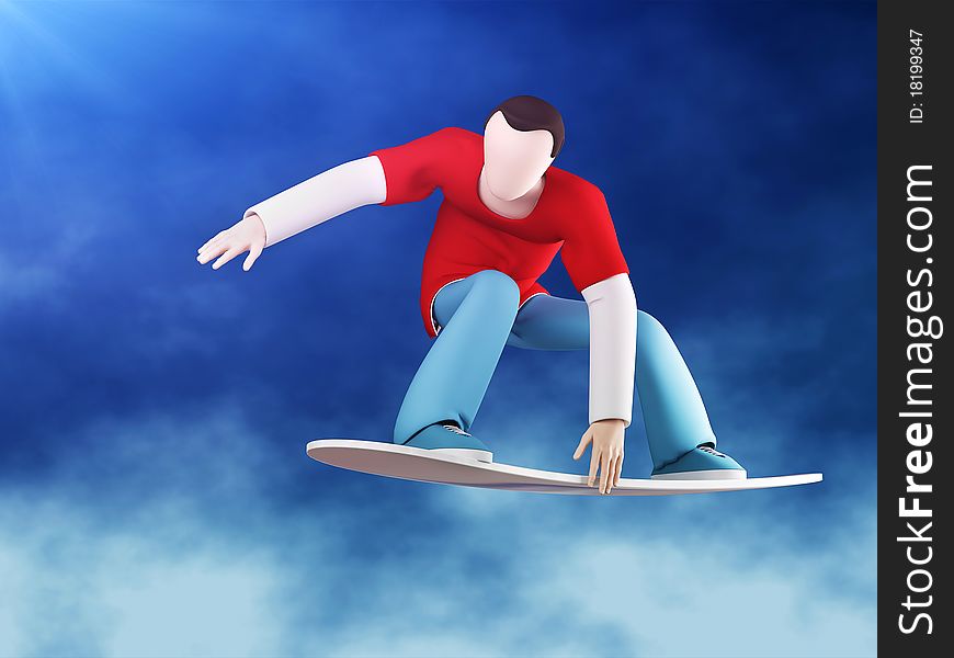 3D snowboarder jumping with grab (capture board). Against the blue clear sky. 3D snowboarder jumping with grab (capture board). Against the blue clear sky