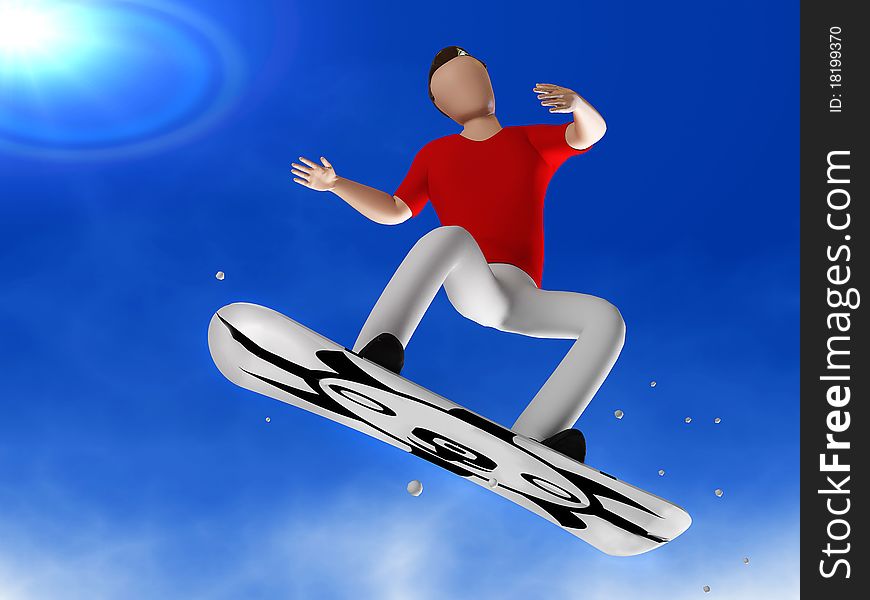 3D person snowboarder jumping in on the background of the dove sunny sky. 3D person snowboarder jumping in on the background of the dove sunny sky