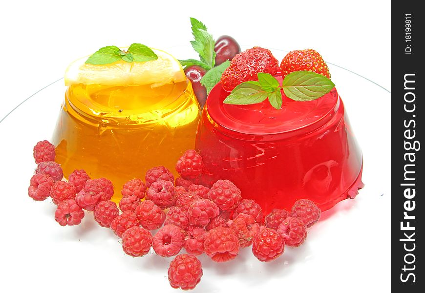 Cherry dessert with fruit red and orange pudding and jelly. Cherry dessert with fruit red and orange pudding and jelly