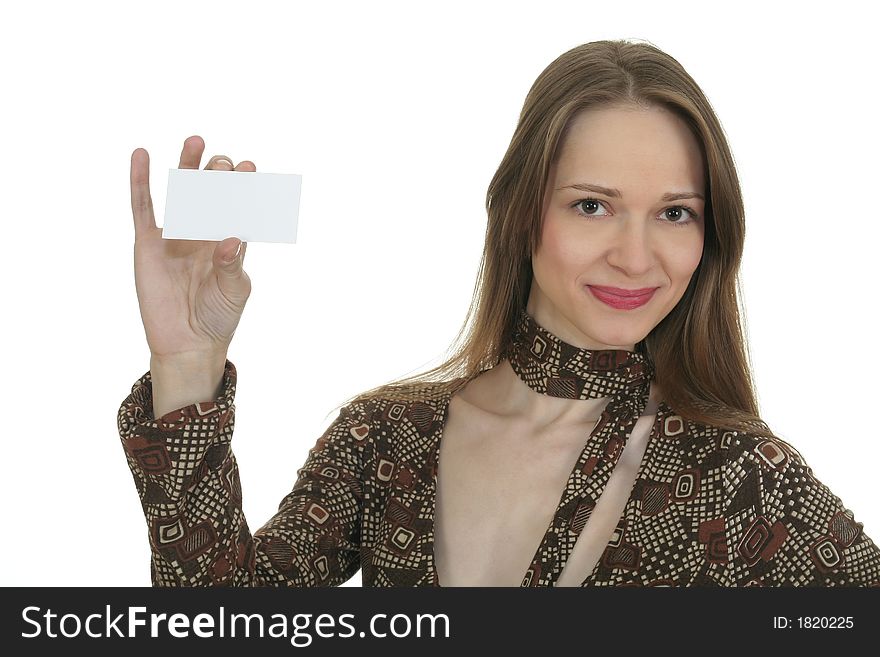 Young woman with blank business card-isolated on white. Young woman with blank business card-isolated on white