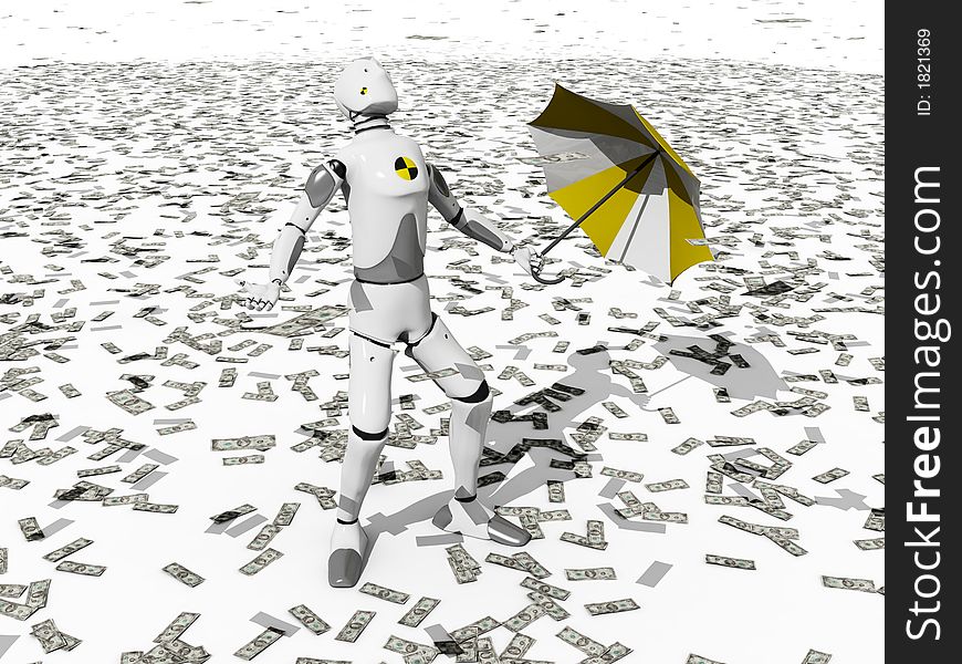 Crash test dummy in a raining dollars over a white background