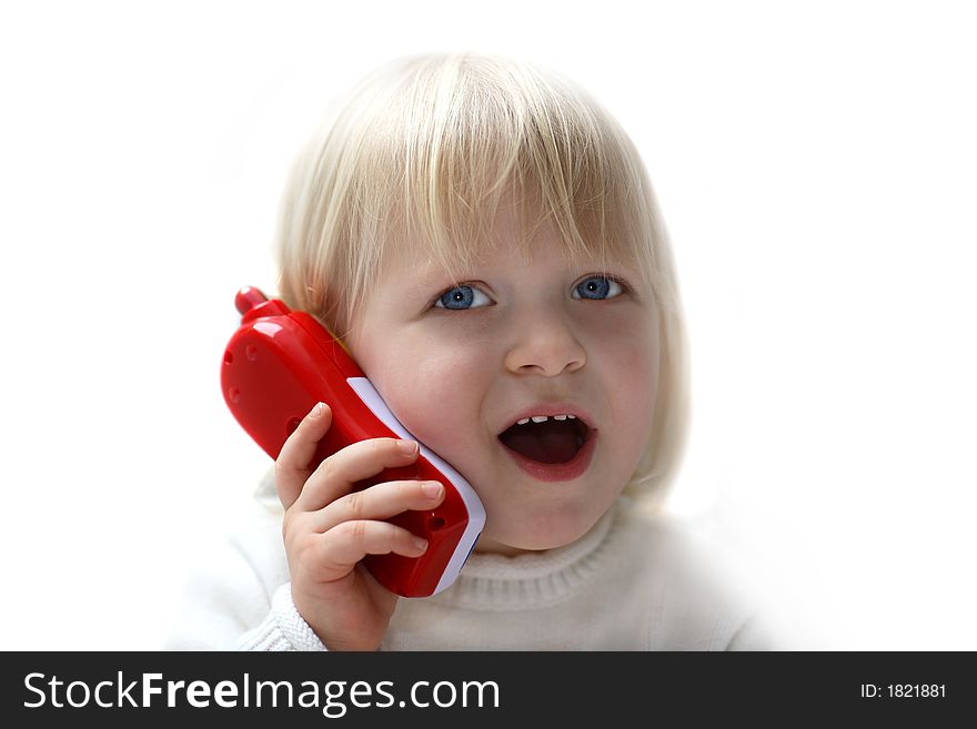 A young girl and a red telephone