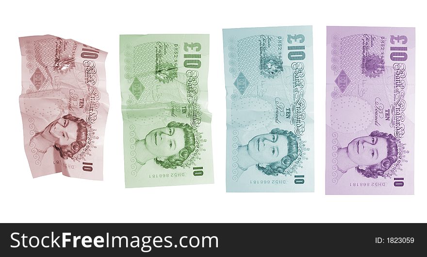 Sequence of 10 pound sterling notes srunched. Sequence of 10 pound sterling notes srunched
